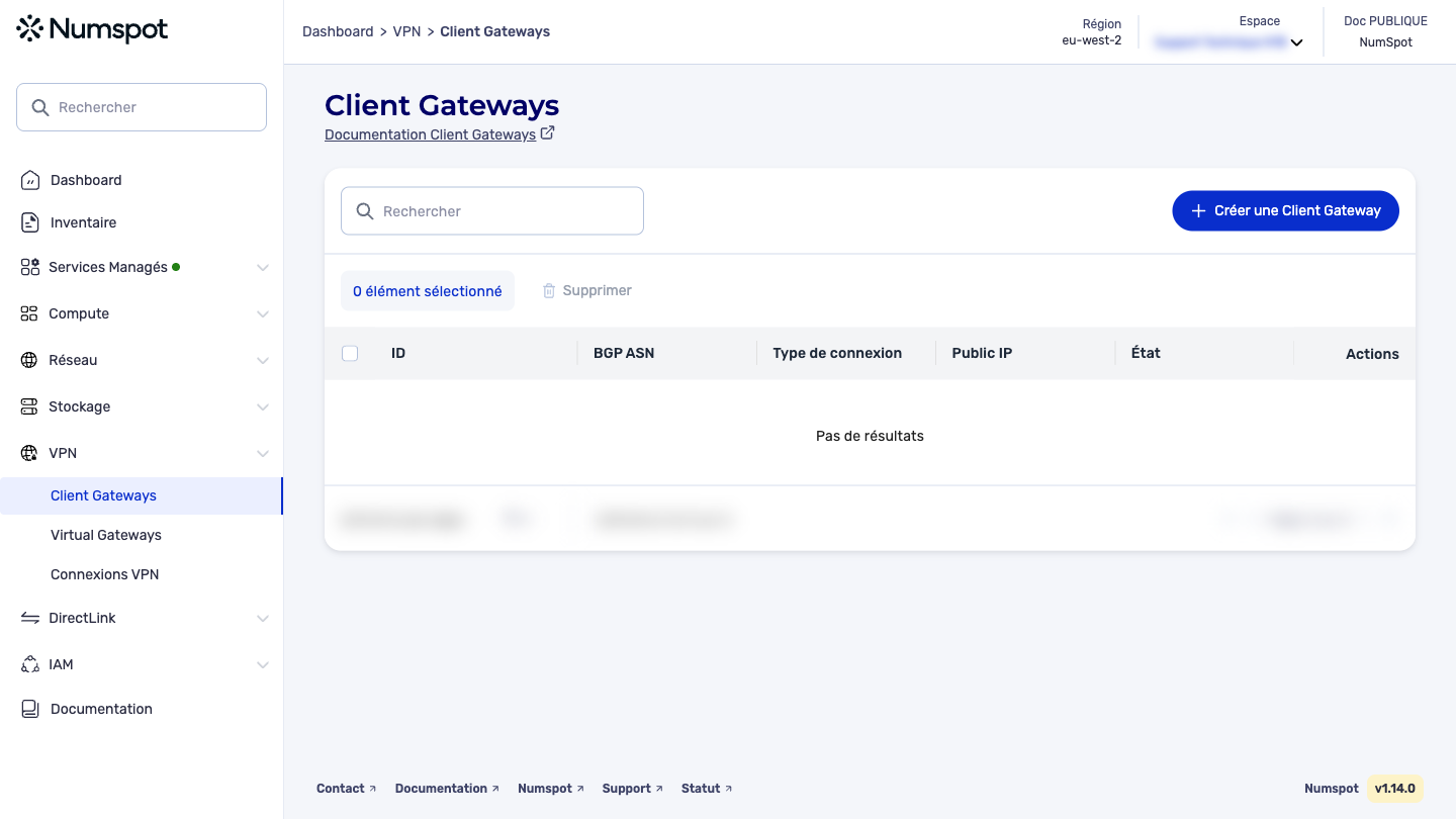 Depuis le menu latéral gauche, cliquez sur VPN → Client Gateways.
