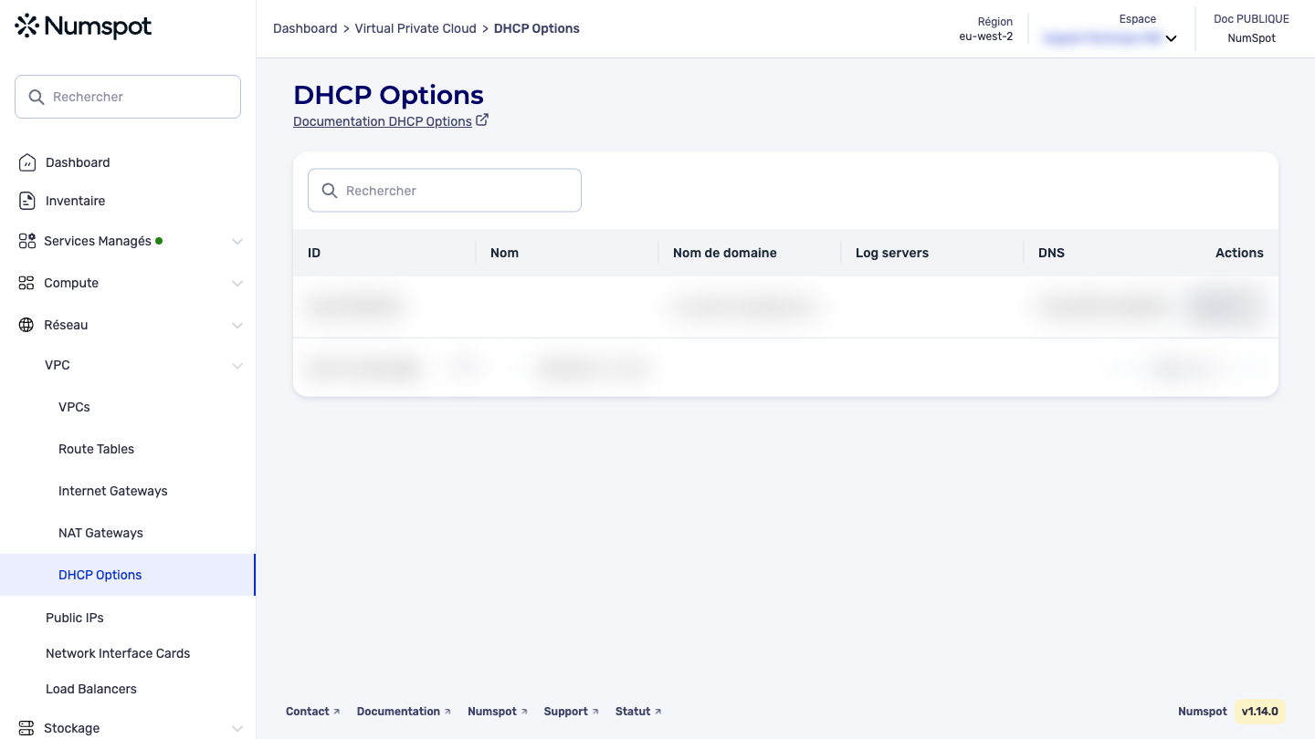 Depuis le menu latéral gauche, cliquez sur Réseau → VPC → DHCP Options.