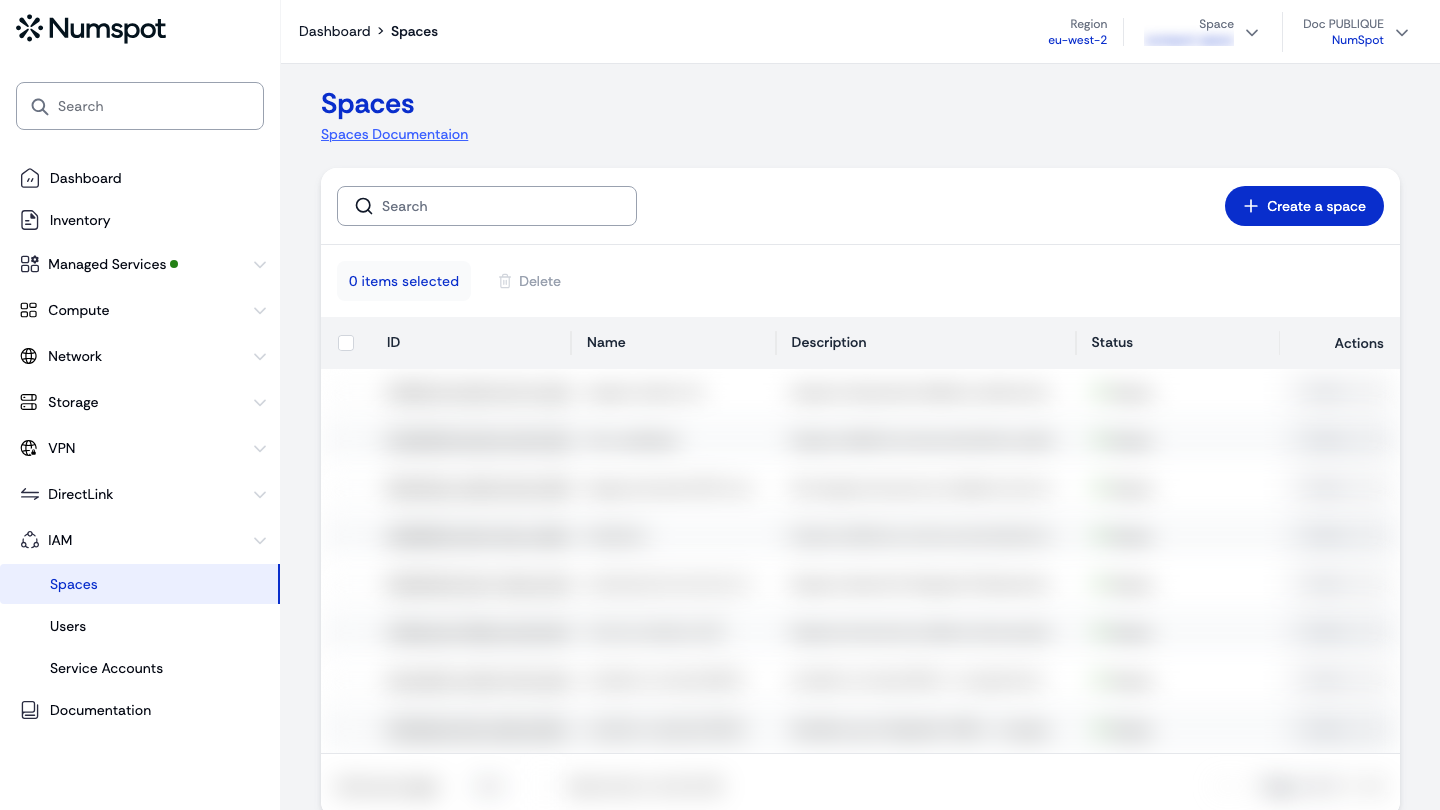 From the left-hand side menu, click IAM → Spaces.