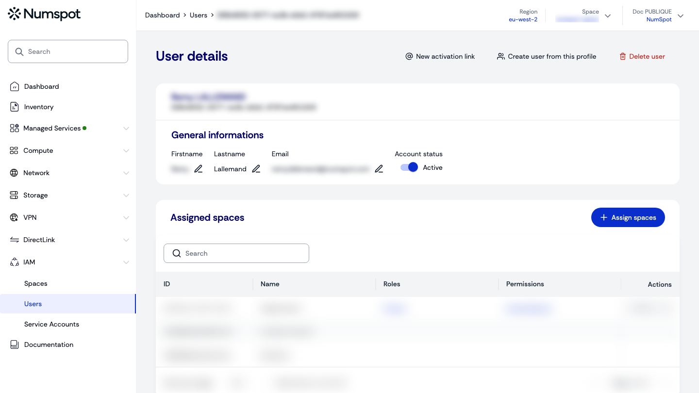 On a user's details page (IAM → Users → ID), the “Assigned spaces” section lists their spaces.