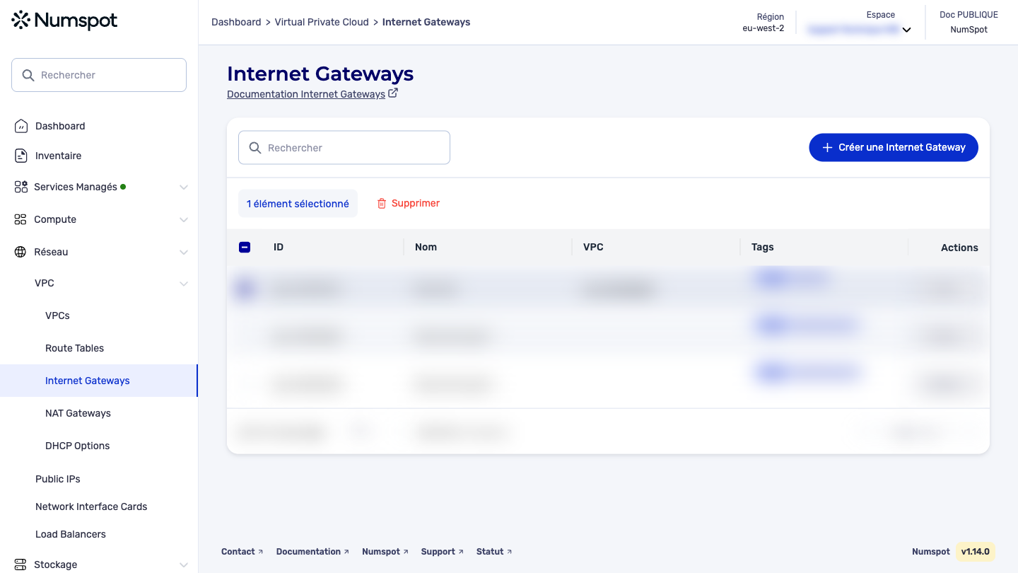 Depuis le menu latéral gauche, cliquez sur Réseau → VPC → Internet Gateways.
