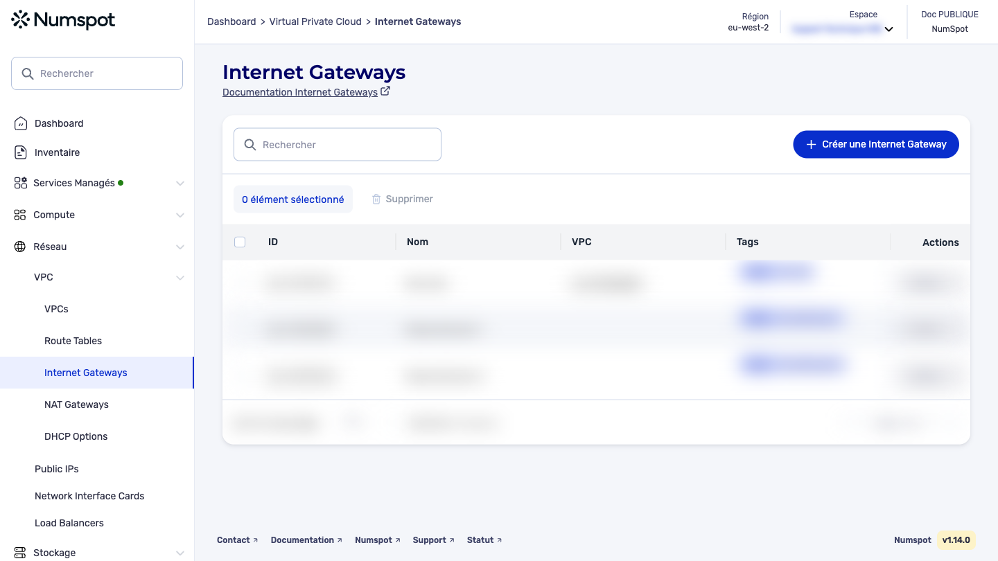 Depuis le menu latéral gauche, cliquez sur Réseau → VPC → Internet Gateways.