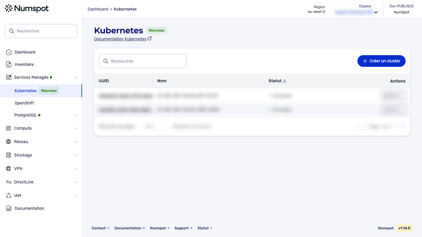 Depuis le menu latéral gauche, cliquez sur Services Managés → Kubernetes.