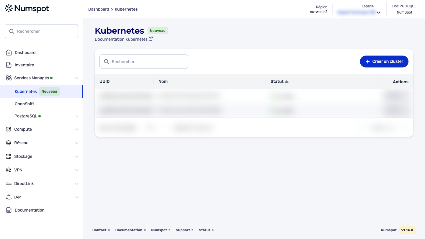 Depuis le menu latéral gauche, cliquez sur Services Managés → Kubernetes.