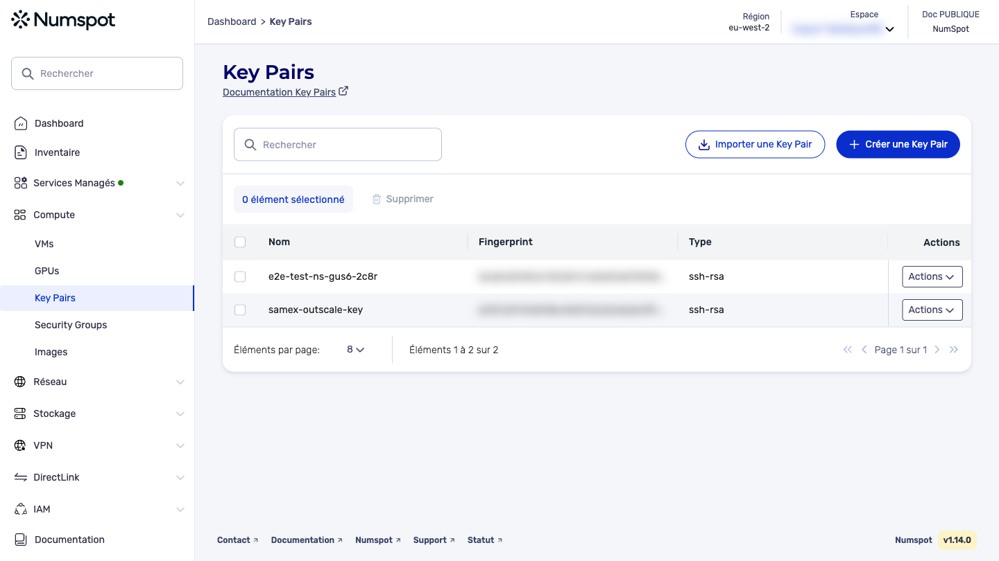 Depuis le menu latéral gauche, cliquez sur Compute → Key Pairs.