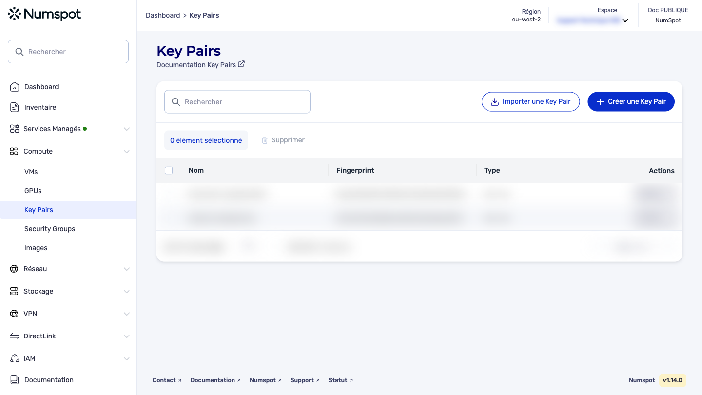 Depuis le menu latéral gauche, cliquez sur Compute → Key Pairs.