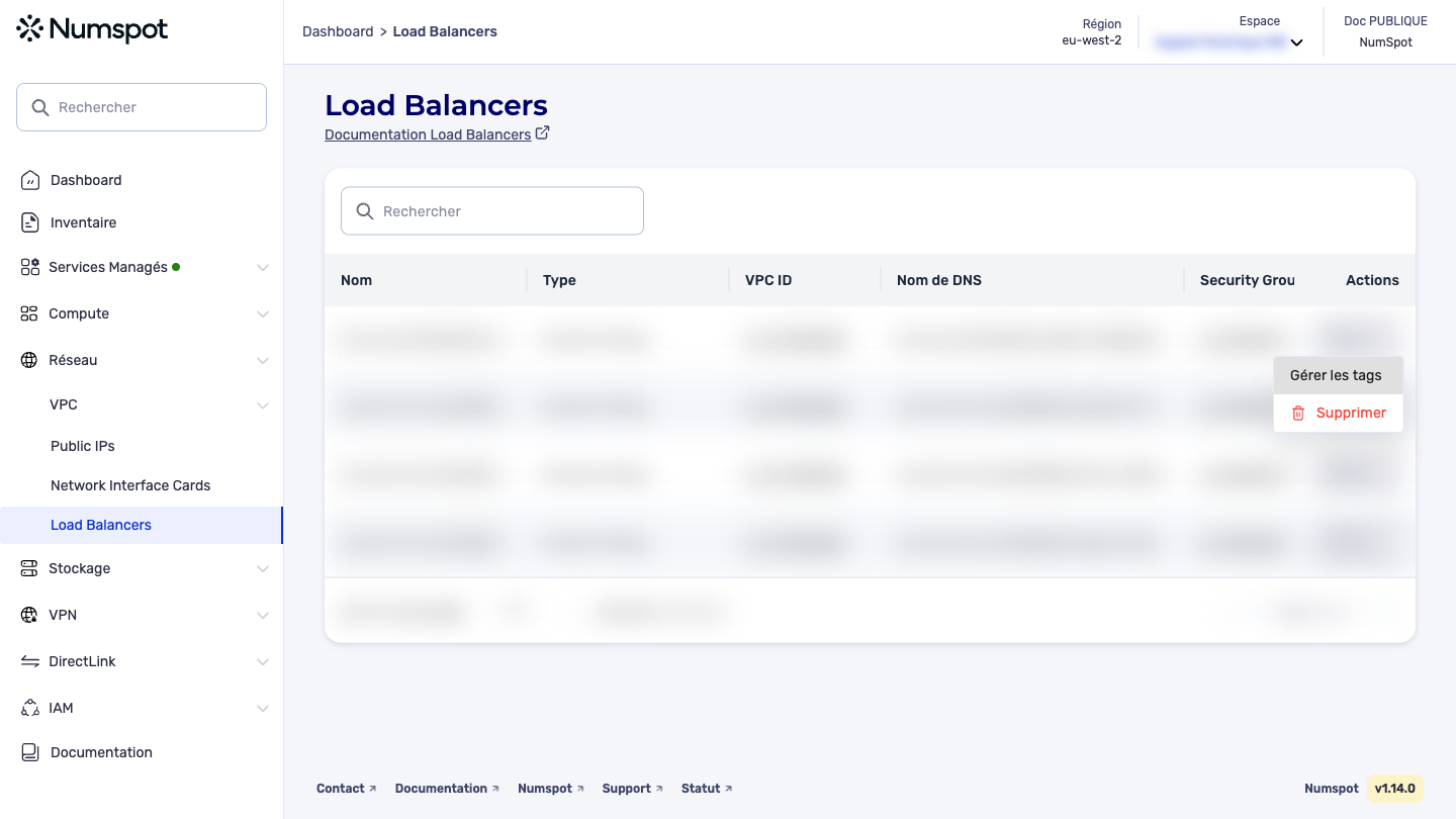 Depuis la liste de la ressource concernée, ouvrez le menu « Actions » de sa ligne, puis cliquez sur « Gérer les tags ».