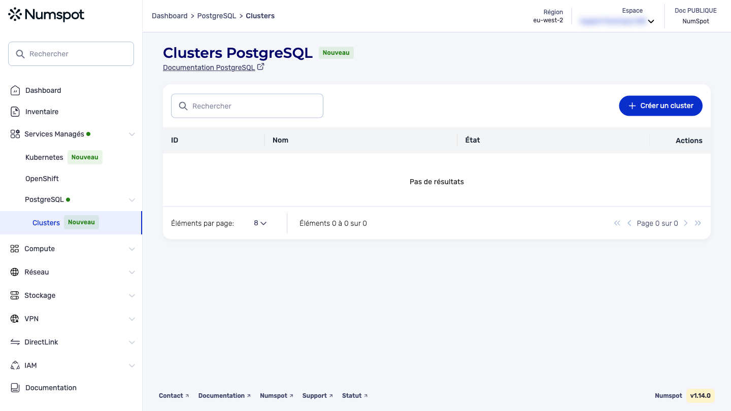 Depuis le menu latéral gauche, cliquez sur Services Managés → PostgreSQL → Clusters.