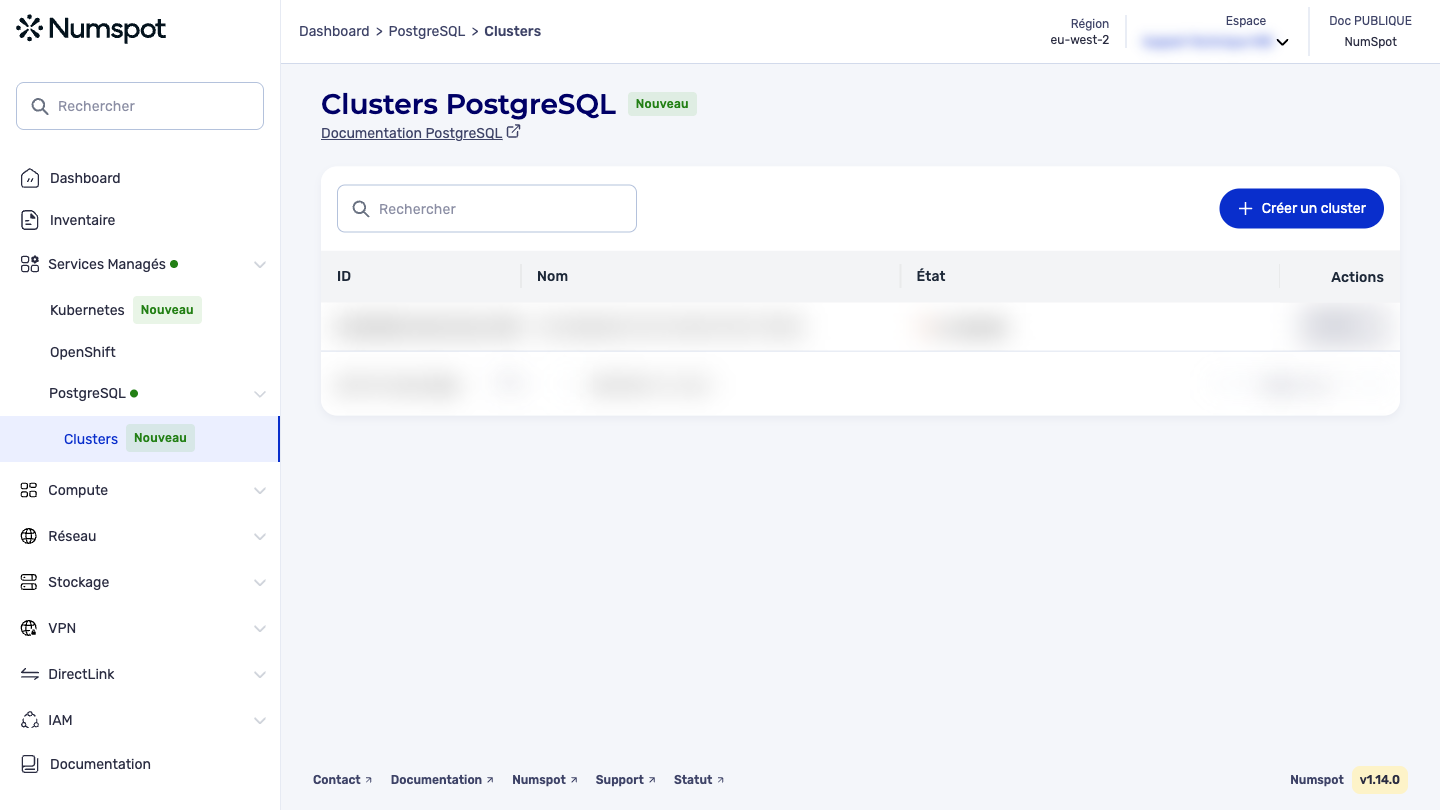 Depuis le menu latéral gauche, cliquez sur Services Managés → PostgreSQL → Clusters.