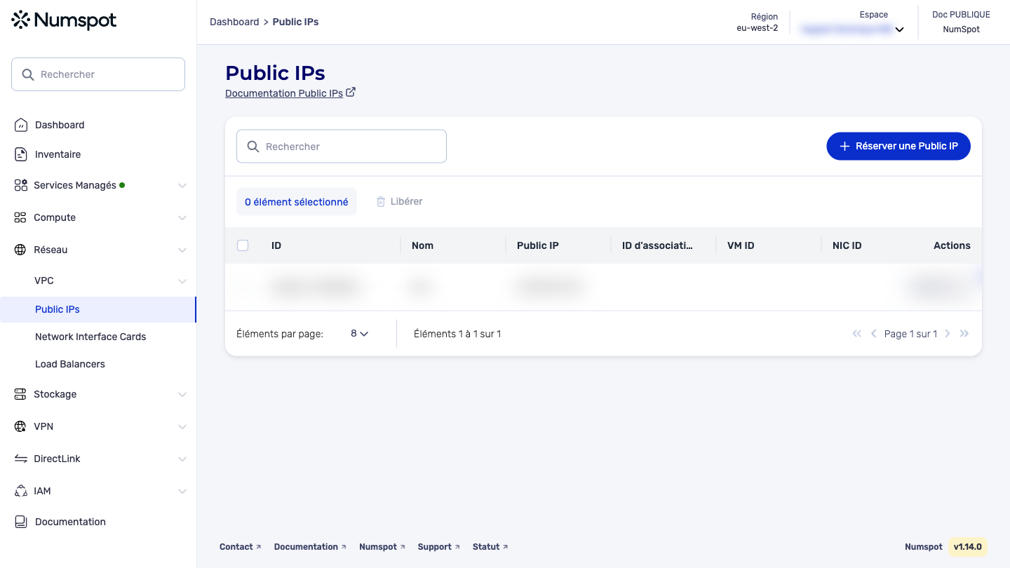 Depuis le menu latéral gauche, cliquez sur Réseau → Public IP.