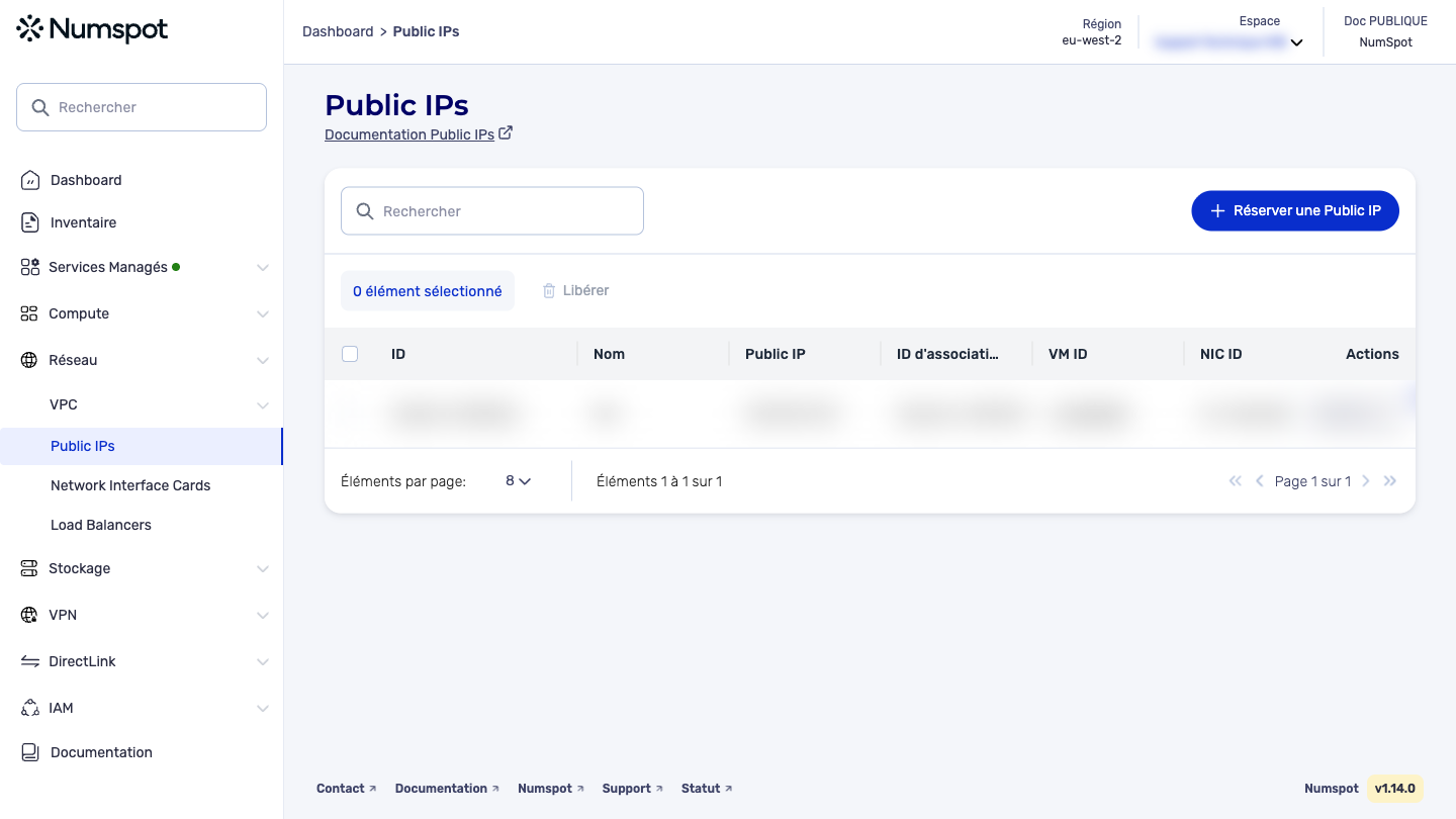Depuis le menu latéral gauche, cliquez sur Réseau → Public IP.