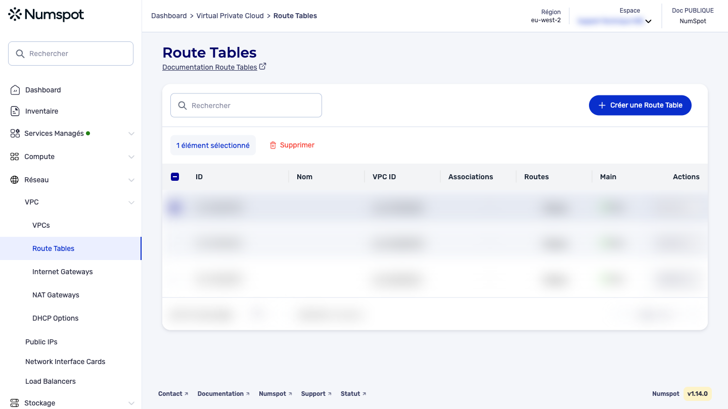 Depuis le menu latéral gauche, cliquez sur Réseau → VPC → Route Tables.