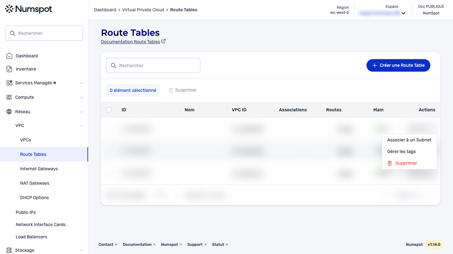 Depuis le menu latéral gauche, cliquez sur Réseau → VPC → Route Tables.