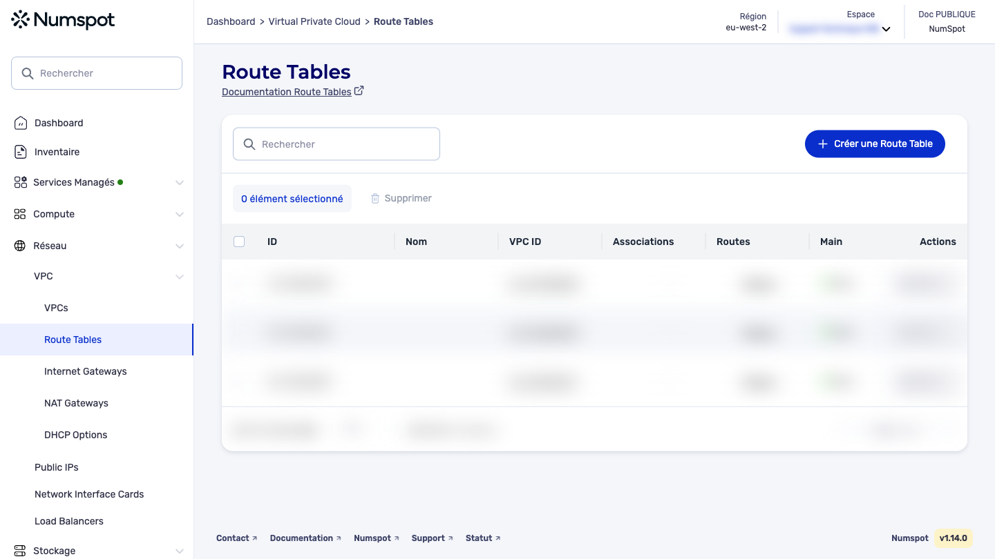 Depuis le menu latéral gauche, cliquez sur Réseau → VPC → Route Tables.