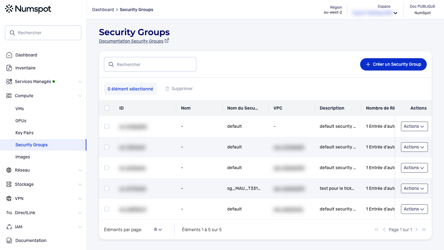 Depuis le menu latéral gauche, cliquez sur Compute → Security Groups.