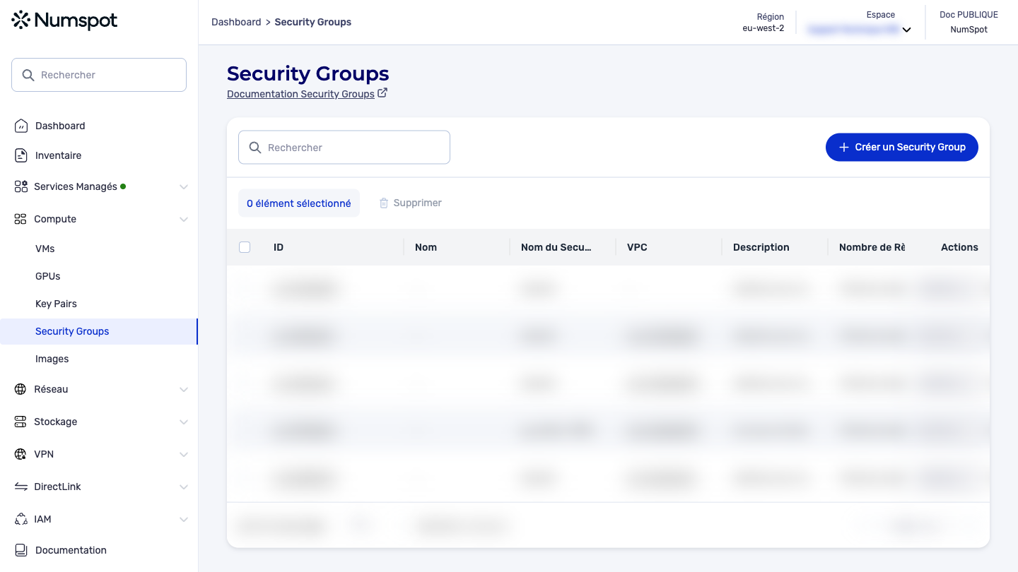 Depuis le menu latéral gauche, cliquez sur Compute → Security Groups.