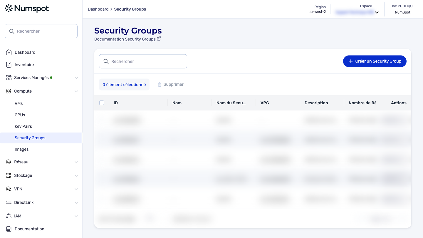 Depuis le menu latéral gauche, cliquez sur Compute → Security Groups.