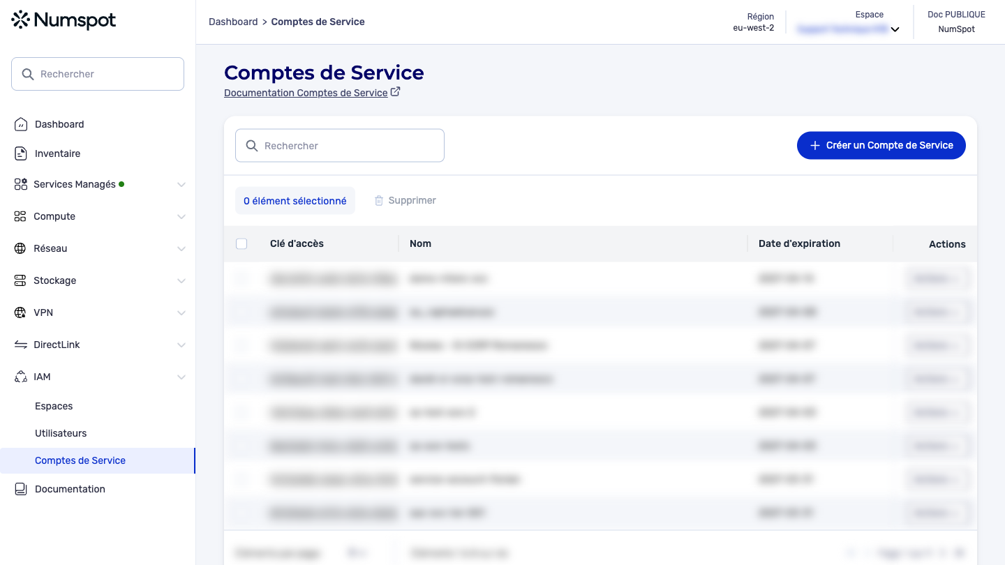 Depuis le menu latéral gauche, cliquez sur IAM → Comptes de Service.