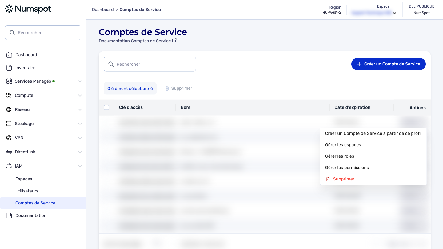 Depuis le menu latéral gauche, cliquez sur IAM → Comptes de Service.