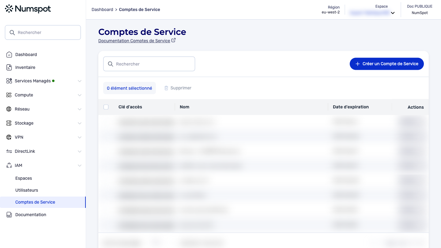 Depuis le menu latéral gauche, cliquez sur IAM → Comptes de Service.