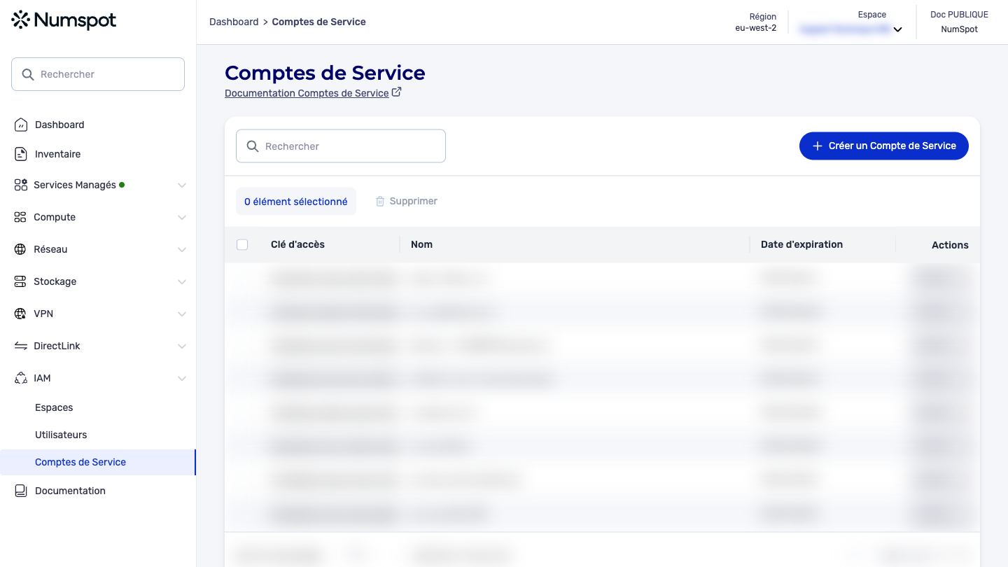 Depuis le menu latéral gauche, cliquez sur IAM → Comptes de Service.