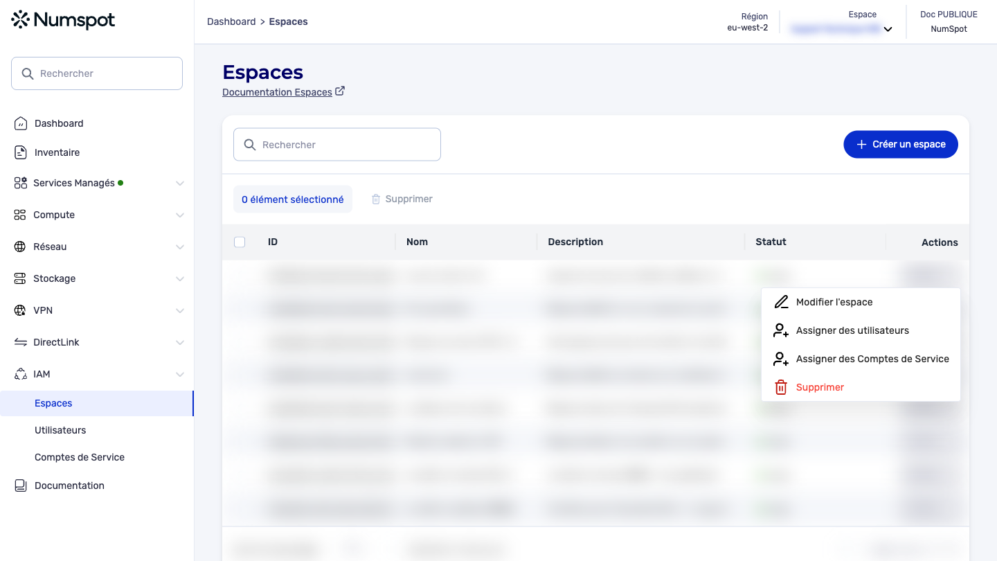 Depuis le menu latéral gauche, cliquez sur IAM → Espaces.