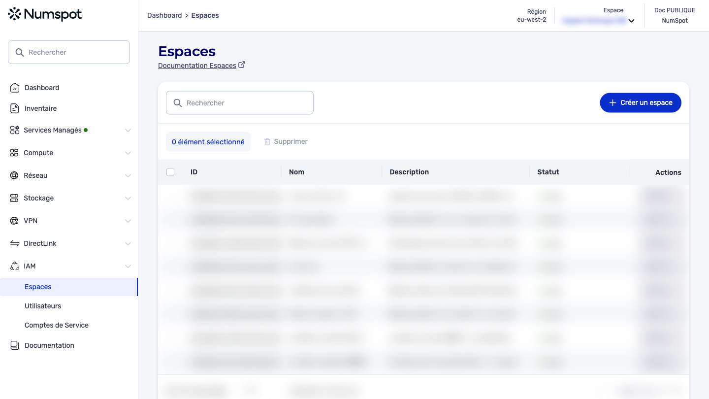 Depuis le menu latéral gauche, cliquez sur IAM → Espaces.
