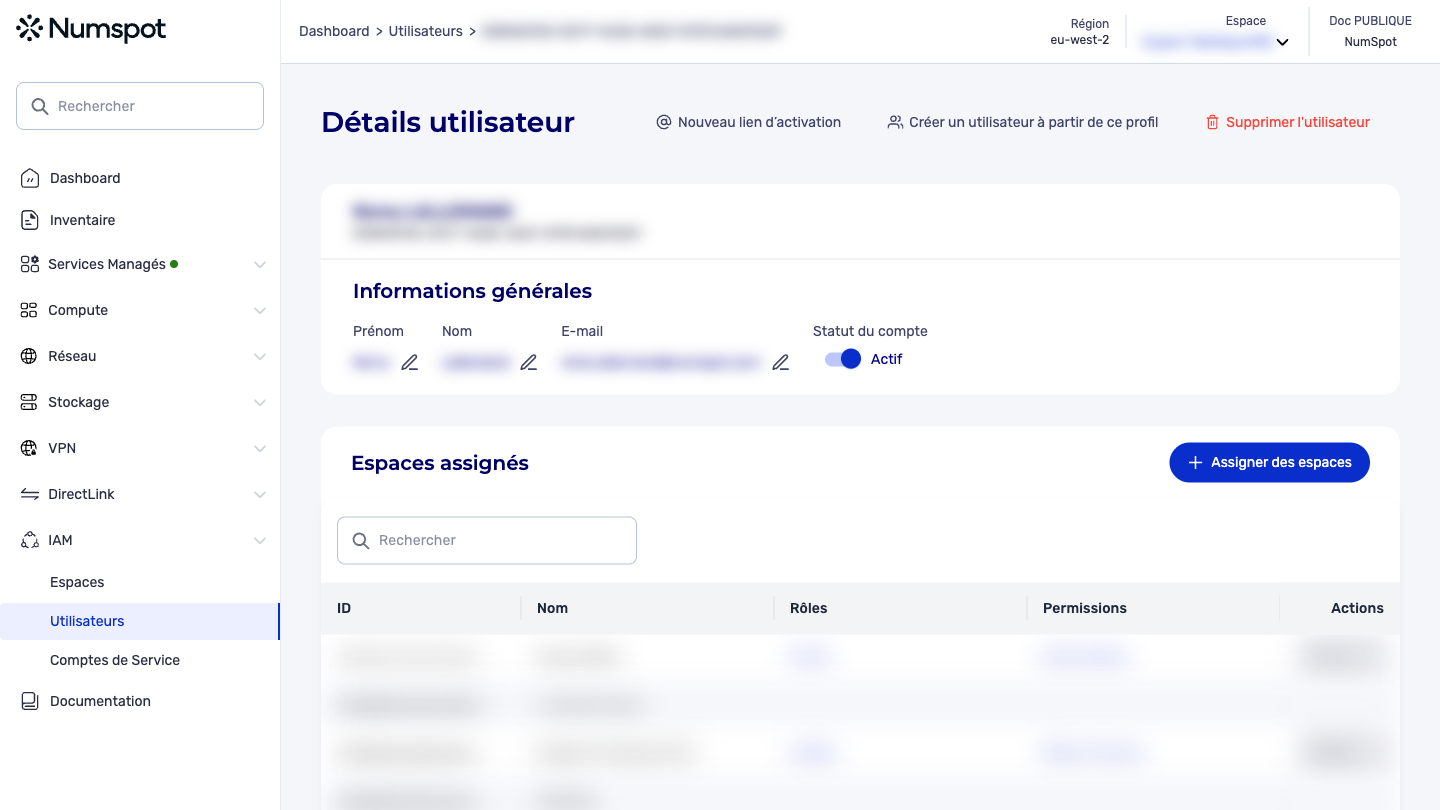 Sur la page de détail d'un utilisateur (IAM → Utilisateurs → identifiant), la section « Espaces assignés » liste ses espaces.