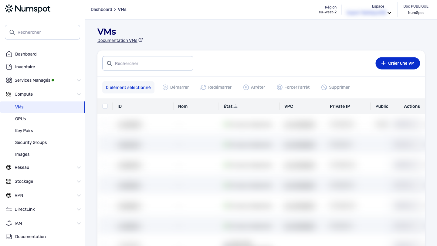 Depuis le menu latéral gauche, cliquez sur Compute → VM.
