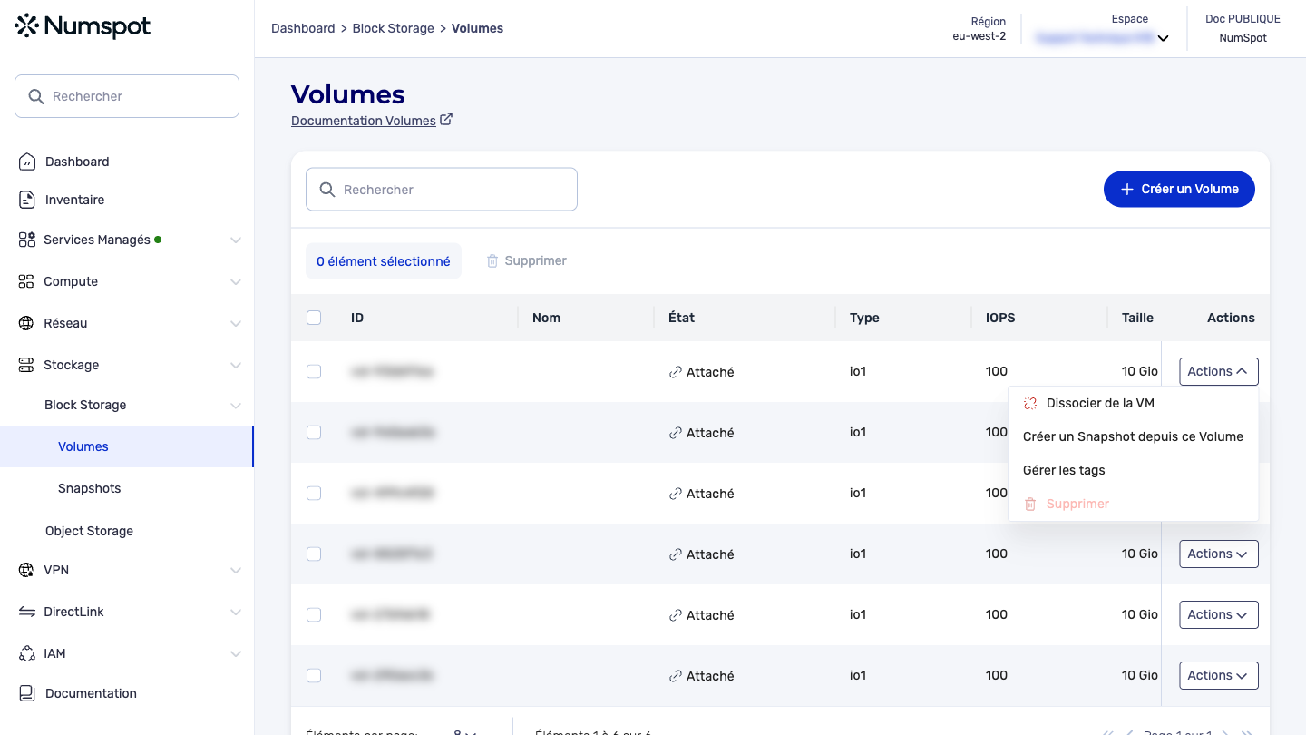 Depuis le menu latéral gauche, cliquez sur Stockage → Block Storage → Volumes.